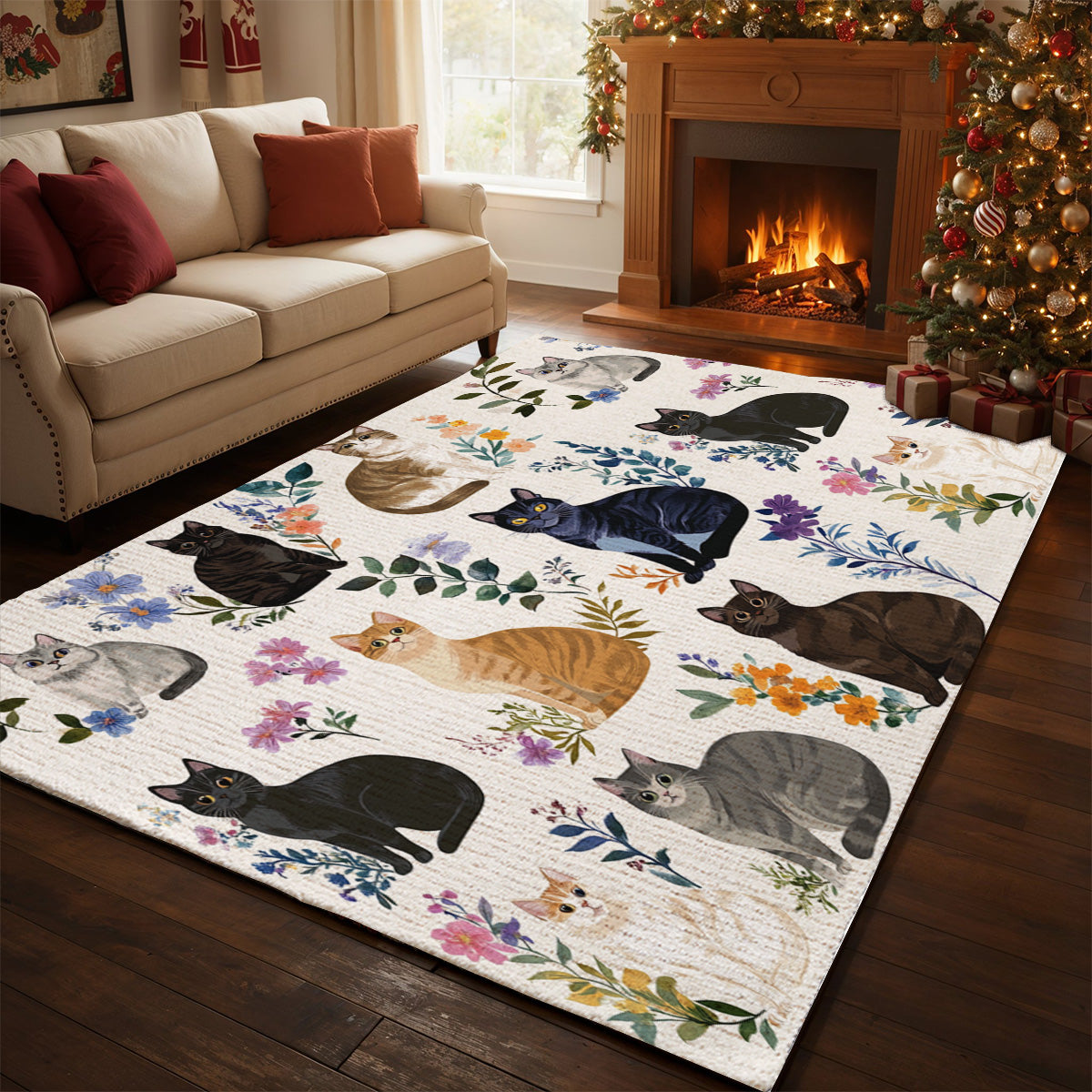 Lorva Area Rug Charming Floral Cats