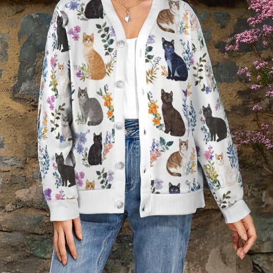 Lorva Cat New Women's Cardigan Charming Floral Cats