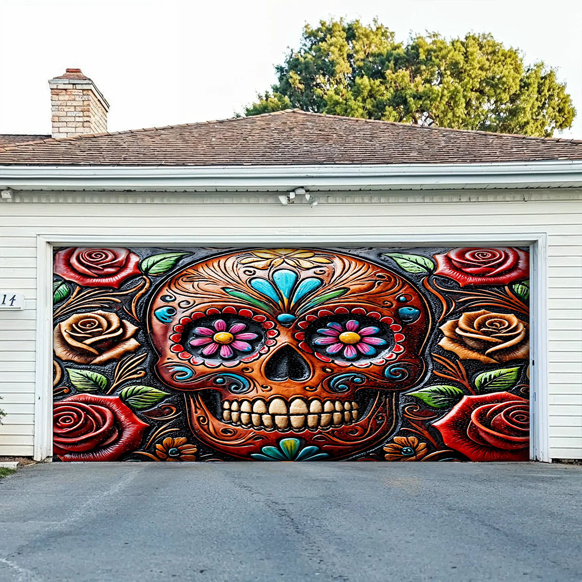 Lorva Garage Door Banner Gorgeous Rose Skull