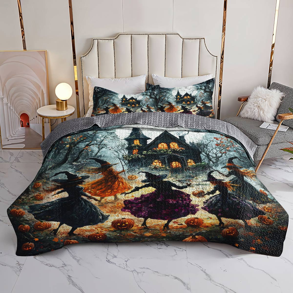Halloween Lorva All Season Quilt 3-Piece Set Witches Playing In The Moonlight