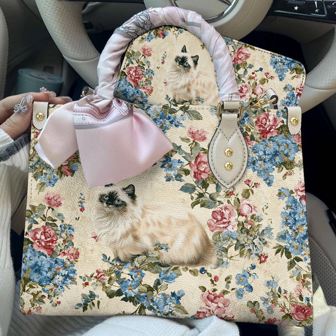 Lorva Cat Leather Bag Vintage Floral Cat