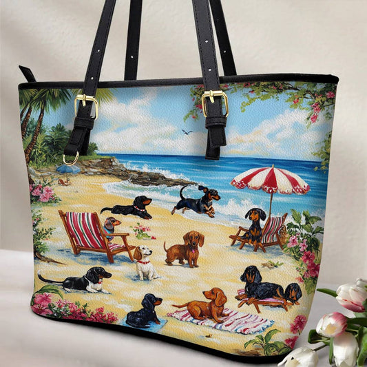 Lorva Dachshund Leather Tote Bag Dachshund Beach Party