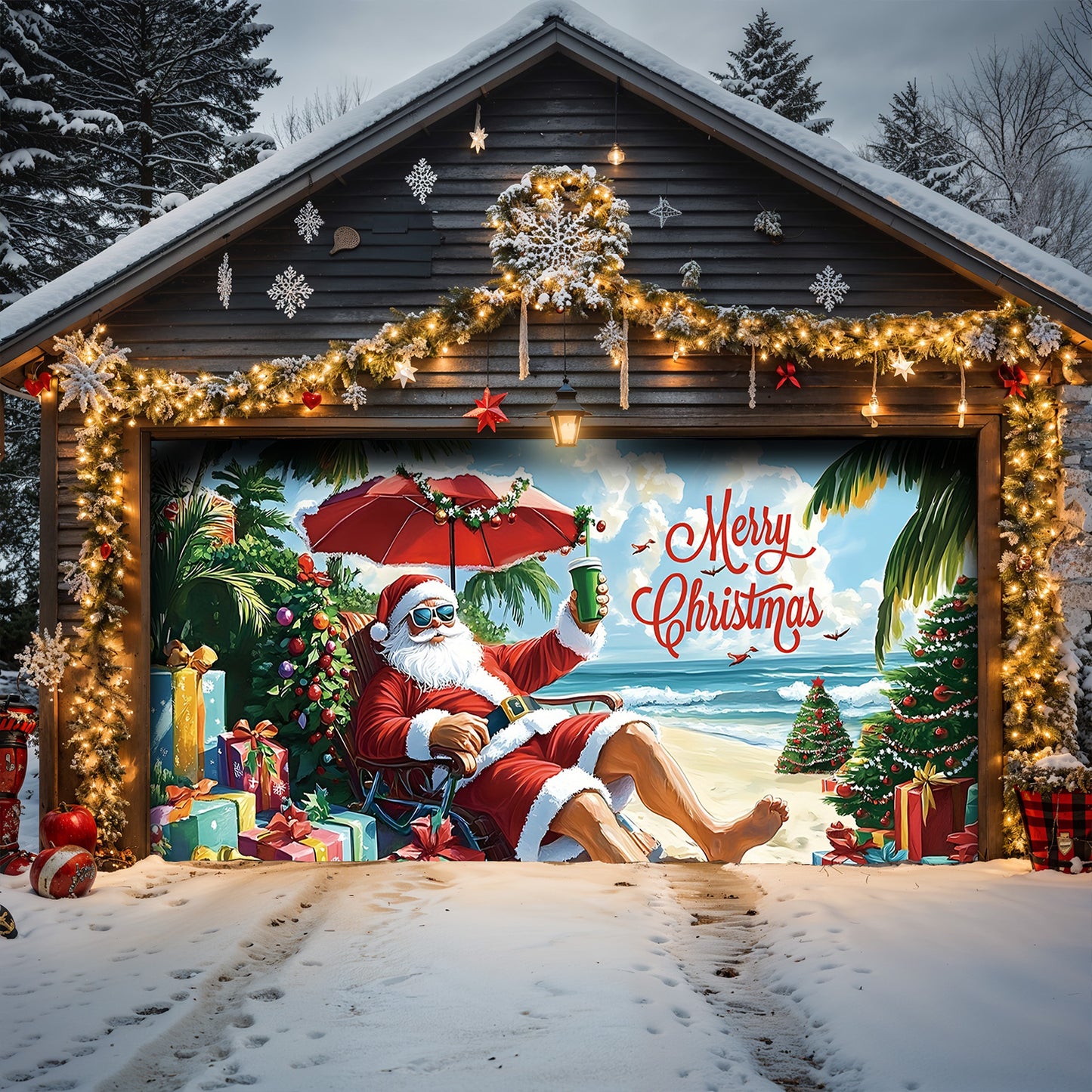 Lorva Garage Door Banner Decoration Santa On Beach
