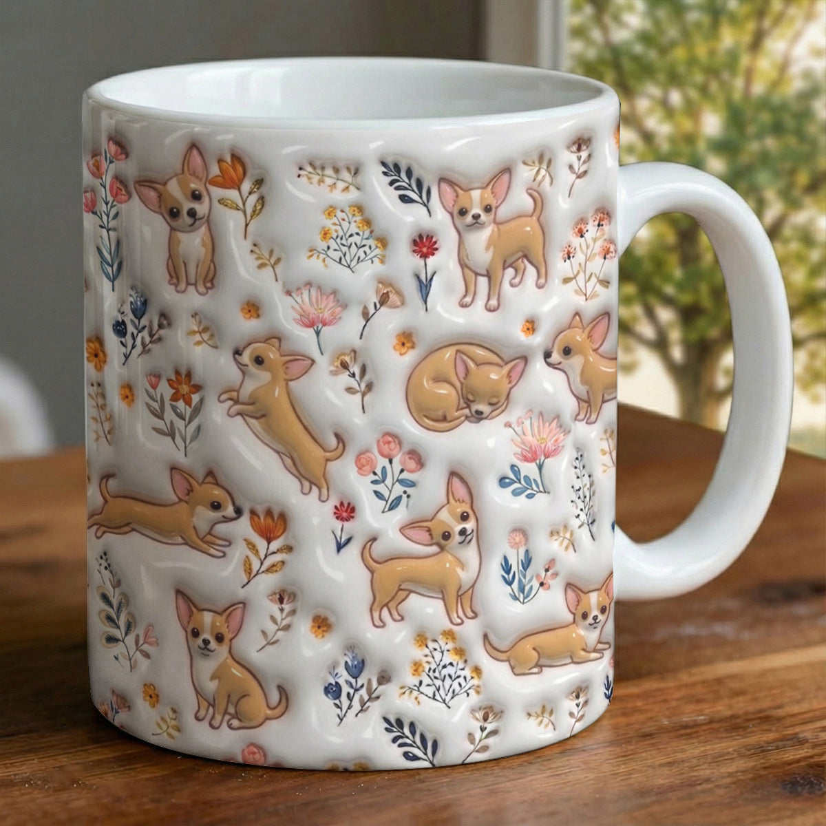 Lorva Chihuahua Flat Print Mug Happy Field Flowers