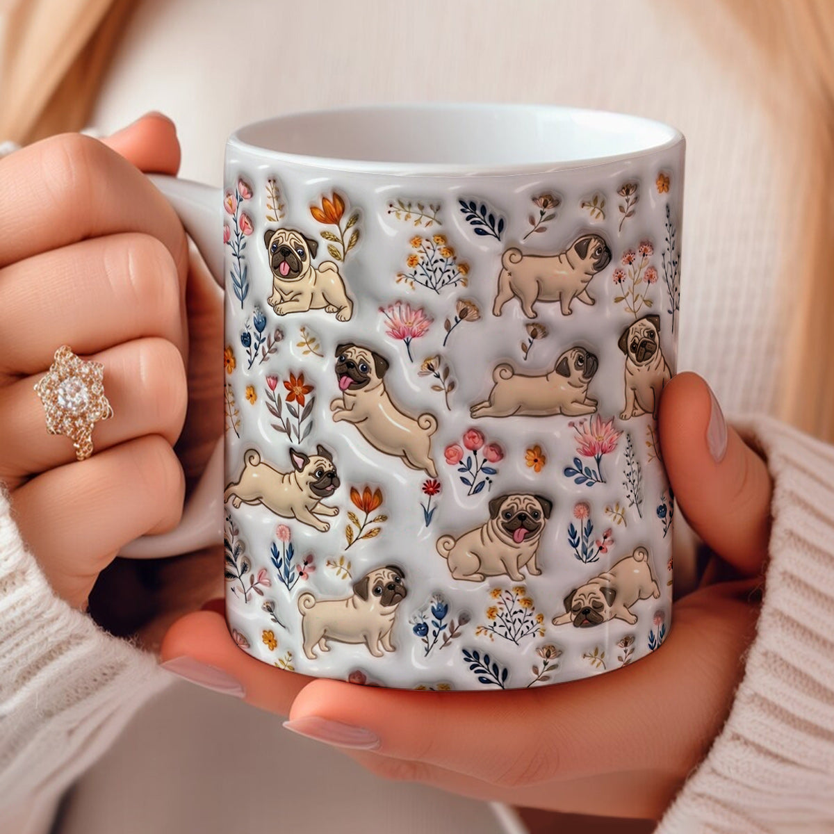 Lorva Pug Flat Print Mug Happy Field Flowers