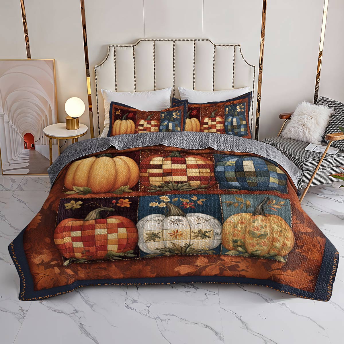 Halloween Lorva All Season Quilt 3-Piece Set Farmhouse Plaid Pumpkins