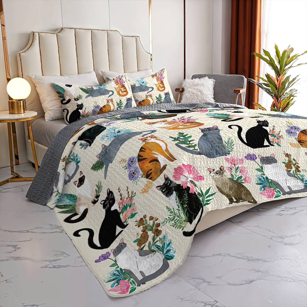 Lorva All Season Quilt 3-Piece Set Botanical Cats