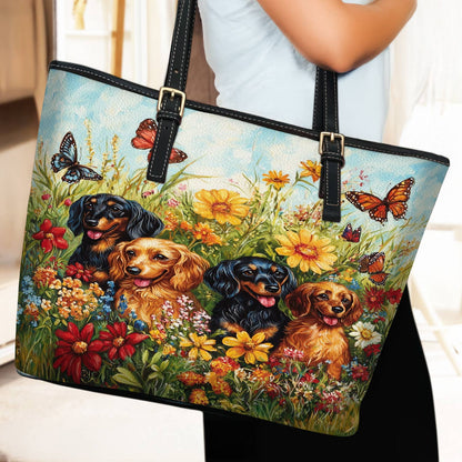 Lorva Leather Tote Bag Beautiful Flowers Dachshund