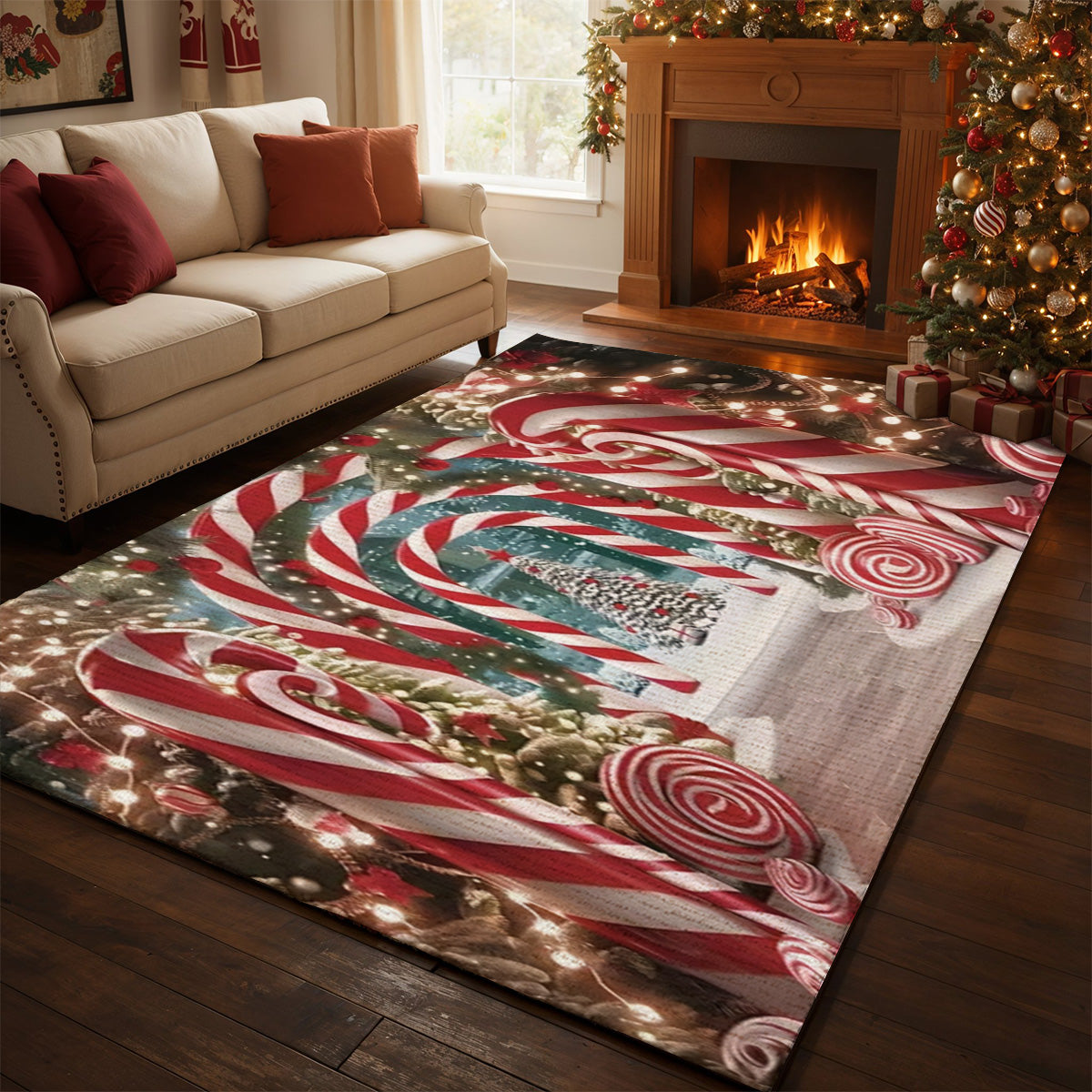 Lorva Christmas Area Rug Backdrop With Giant Canes