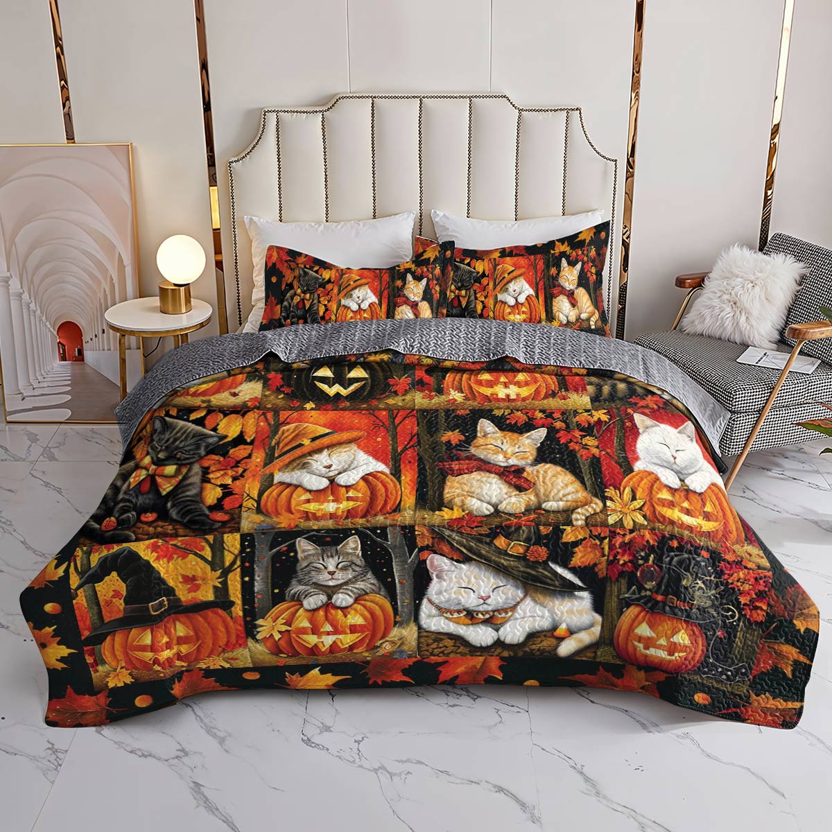 Lorva All Season Quilt 3-Piece Set Cute Autumn Cat Sleeping