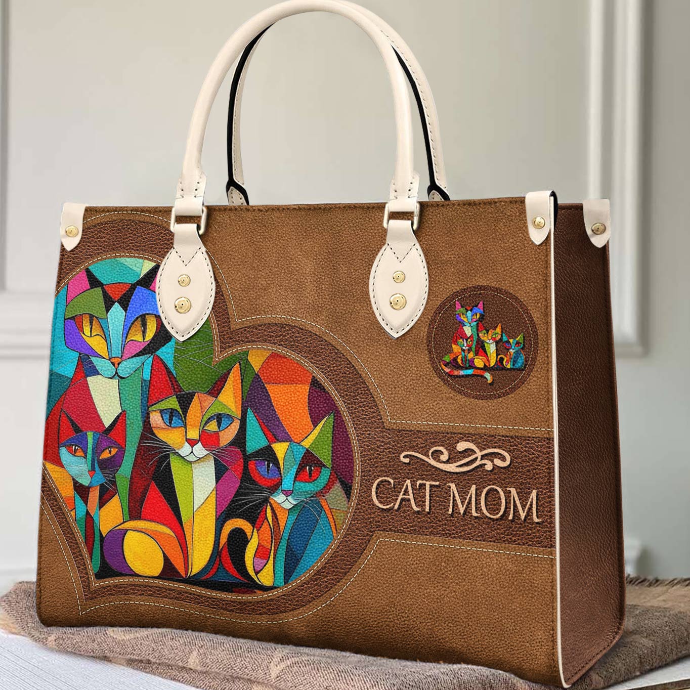 Lorva Leather Bag Colorful Cubism Cat Mom
