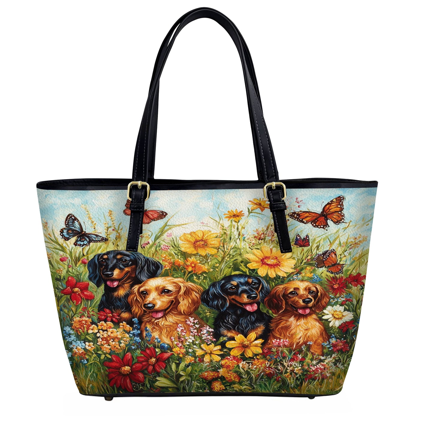 Lorva Leather Tote Bag Beautiful Flowers Dachshund