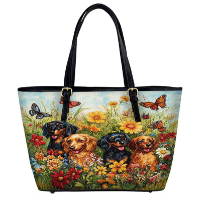Lorva Leather Tote Bag Beautiful Flowers Dachshund