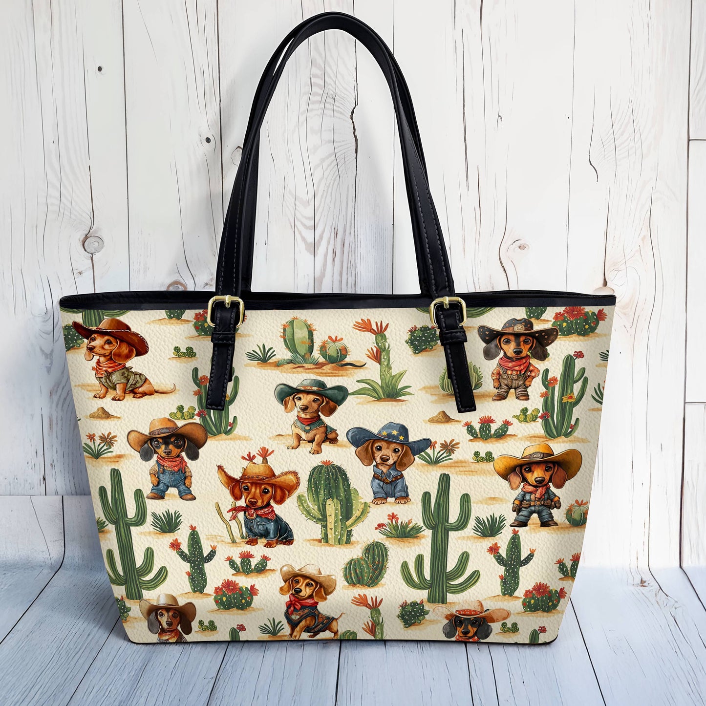 Lorva Dachshund Leather Tote Bag Cowboy Cactus Crew