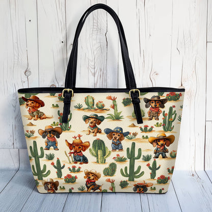 Lorva Dachshund Leather Tote Bag Cowboy Cactus Crew