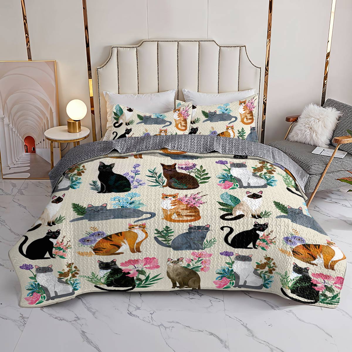 Lorva All Season Quilt 3-Piece Set Botanical Cats