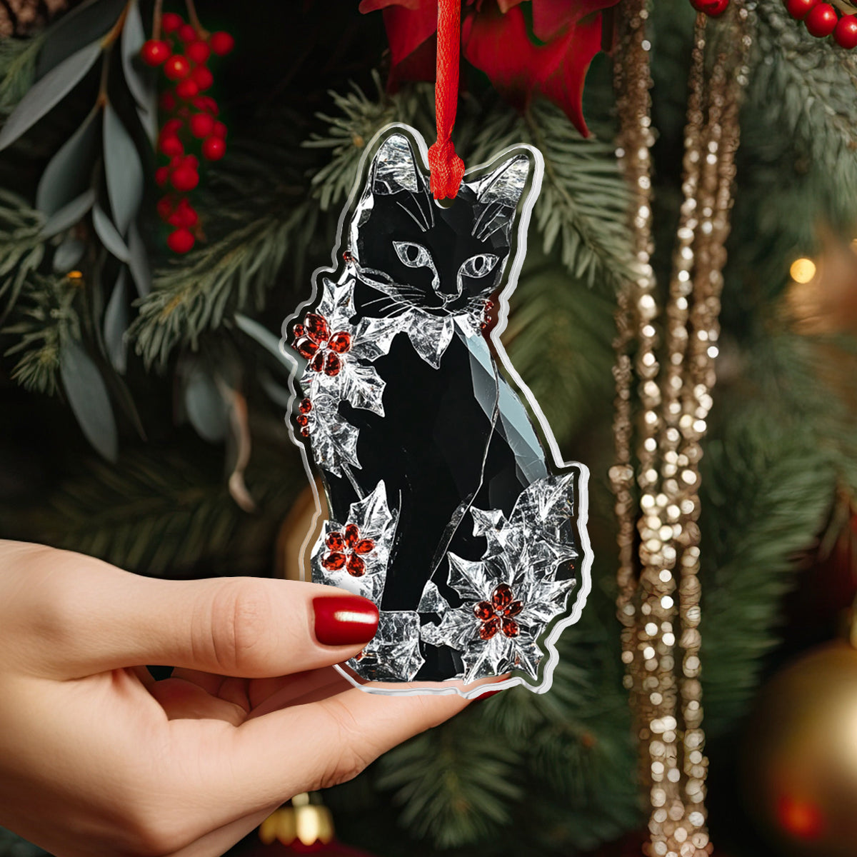 Lorva Black Cat 2D Acrylic Ornament Flowers Frosted