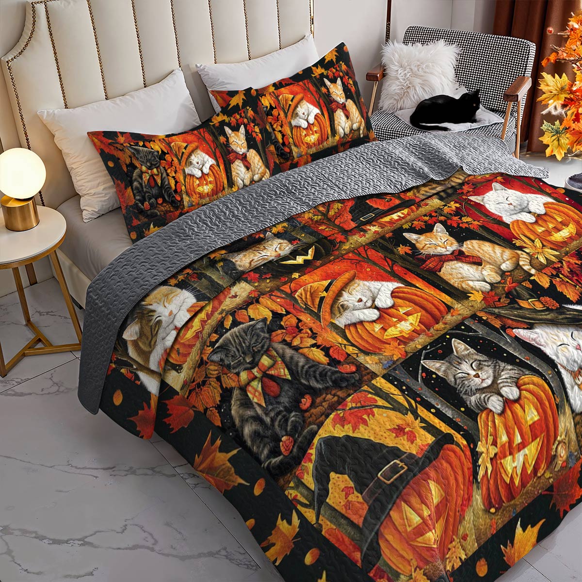 Lorva All Season Quilt 3-Piece Set Cute Autumn Cat Sleeping