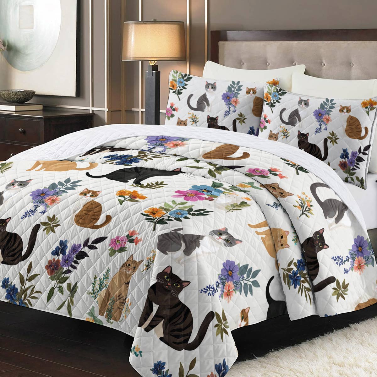 Lorva Quilt Set Cute Floral Cats