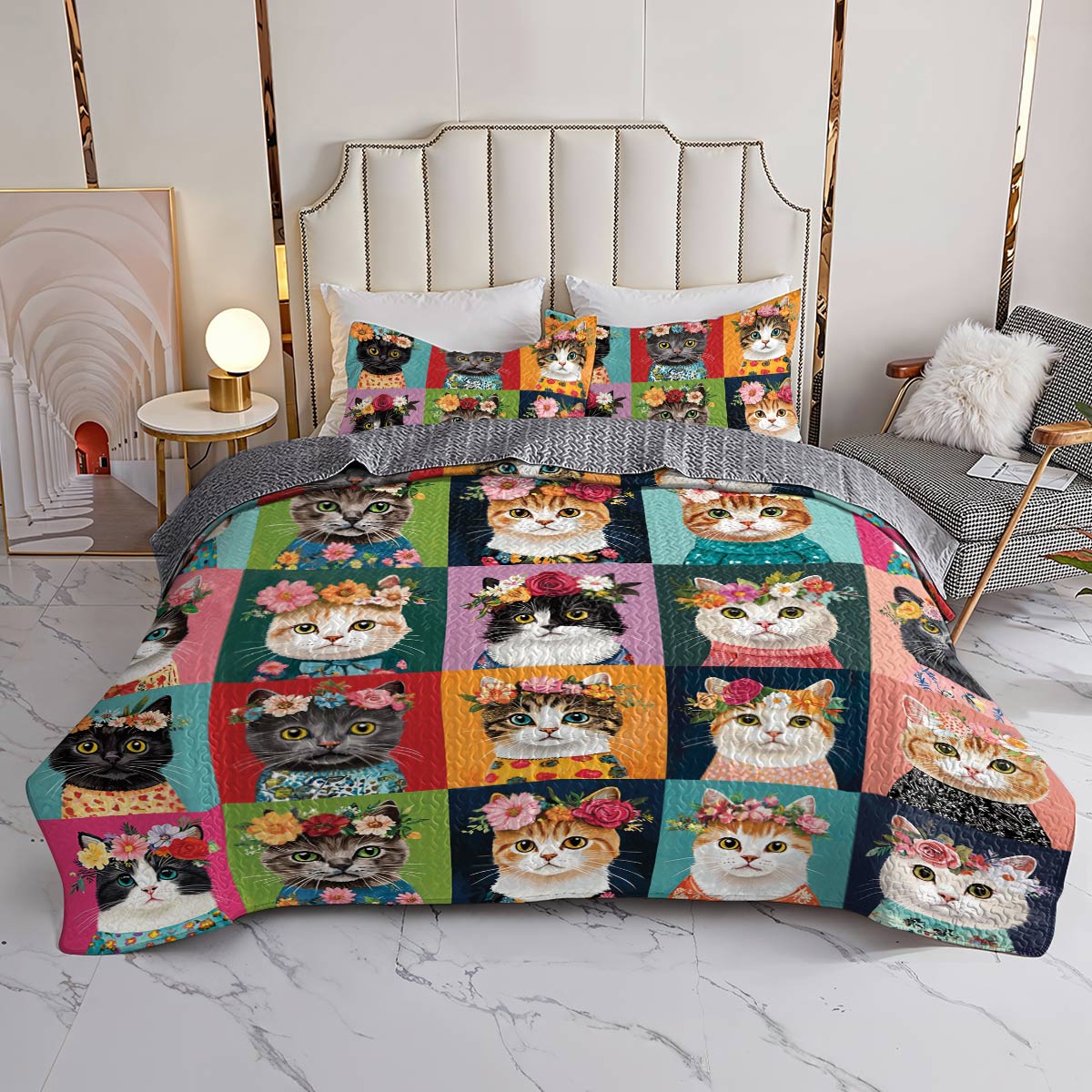 Lorva All Season Quilt 3-Piece Set Floral Crown Cats