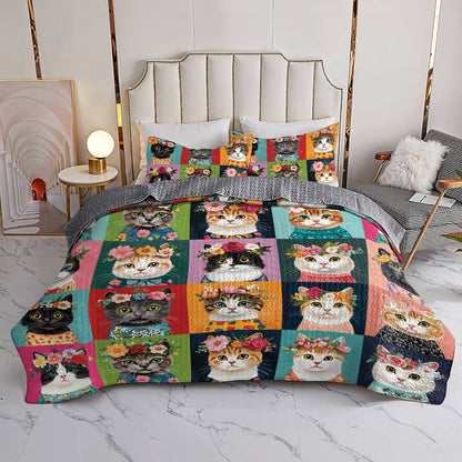 Lorva All Season Quilt 3-Piece Set Floral Crown Cats