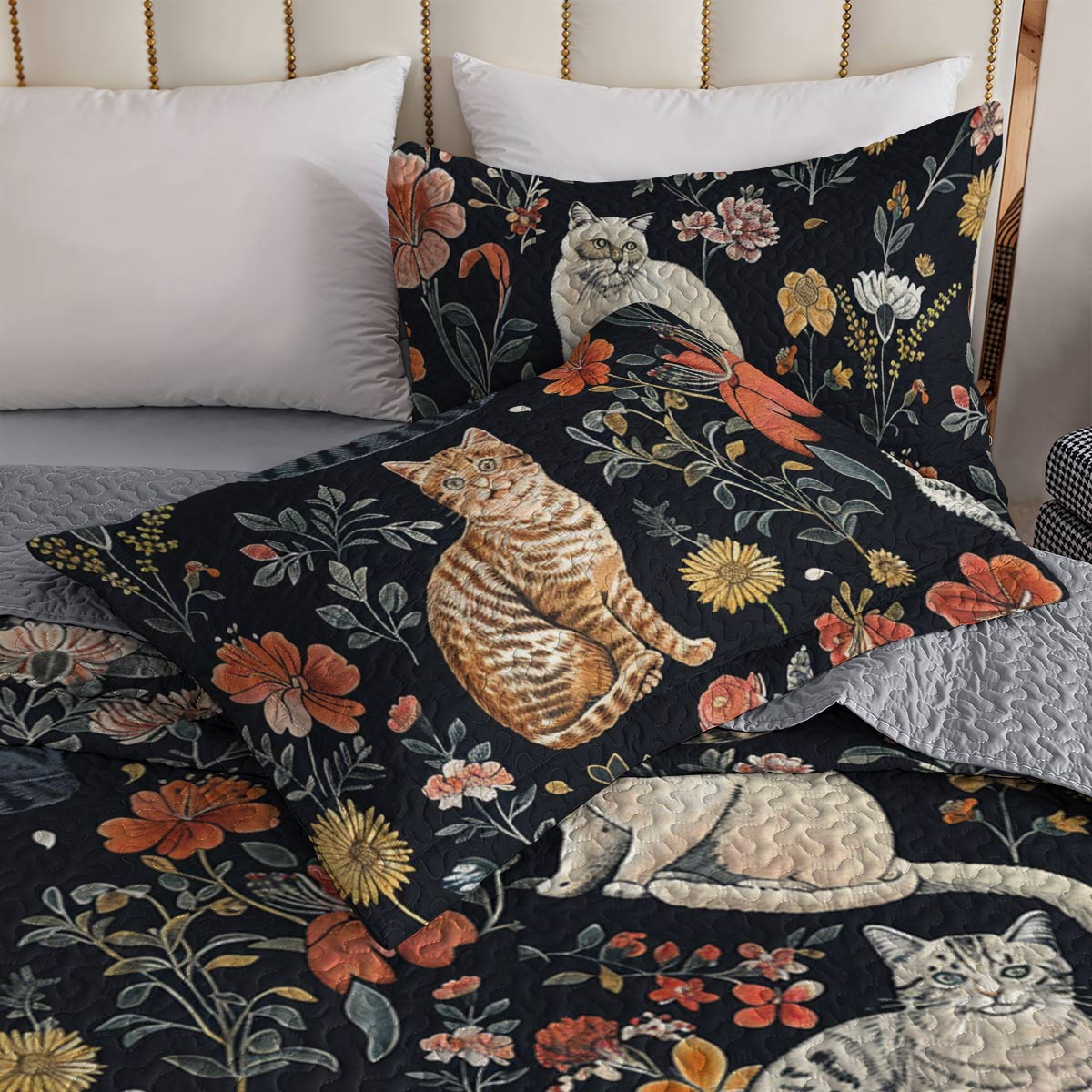 Lorva Cat All Season Quilt 3-Piece Set Vintage Floral Cats