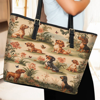 Lorva Dachshund Leather Tote Bag Whimsy Meadow Hounds