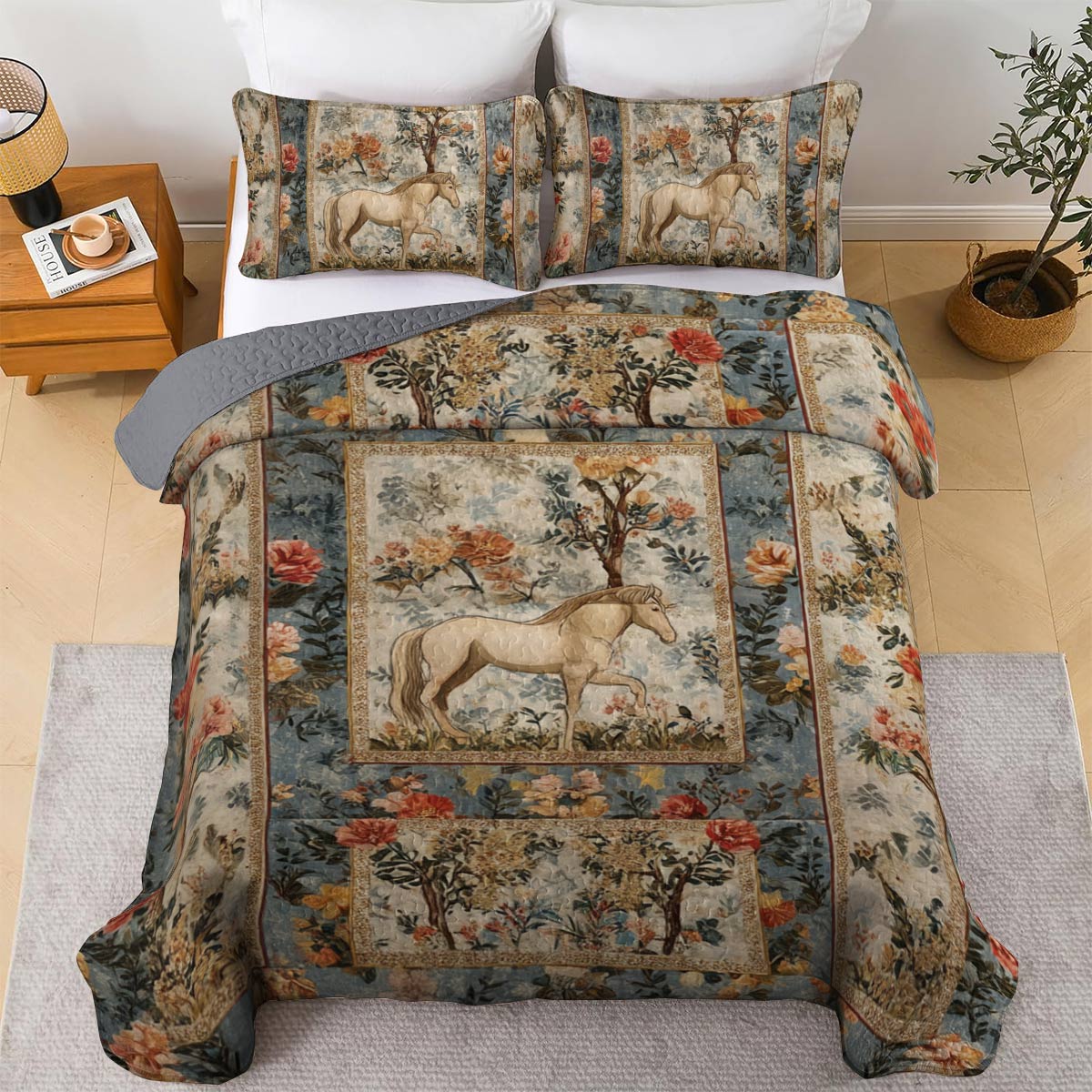 Lorva Horse All Season Quilt 3-Piece Set Horse Garden