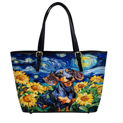 Lorva Leather Tote Bag Sunflowers & Starry Sky Dachshund