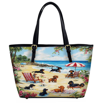 Lorva Dachshund Leather Tote Bag Dachshund Beach Party