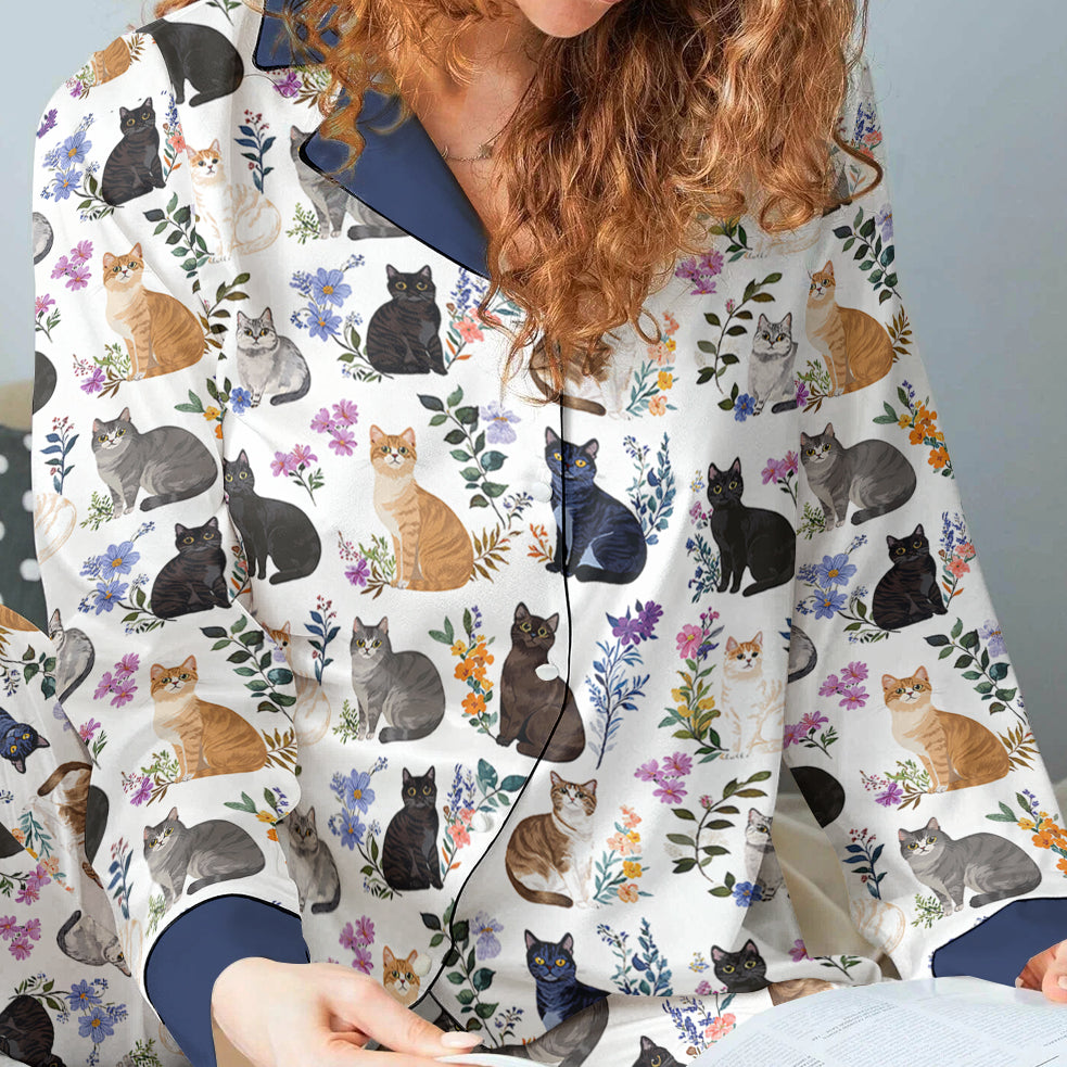 Lorva Cat Classic Pajama Set Charming Floral Cats