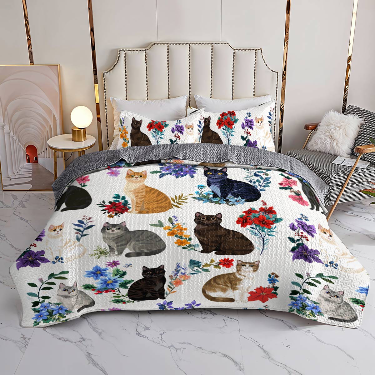Lorva Cat Christmas All Season Quilt 3-Piece Set Charming Floral Cats