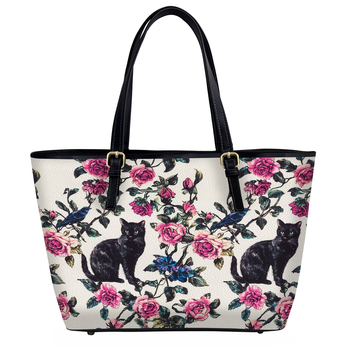 Lorva Black Cat Leather Tote Bag Mystic Roses