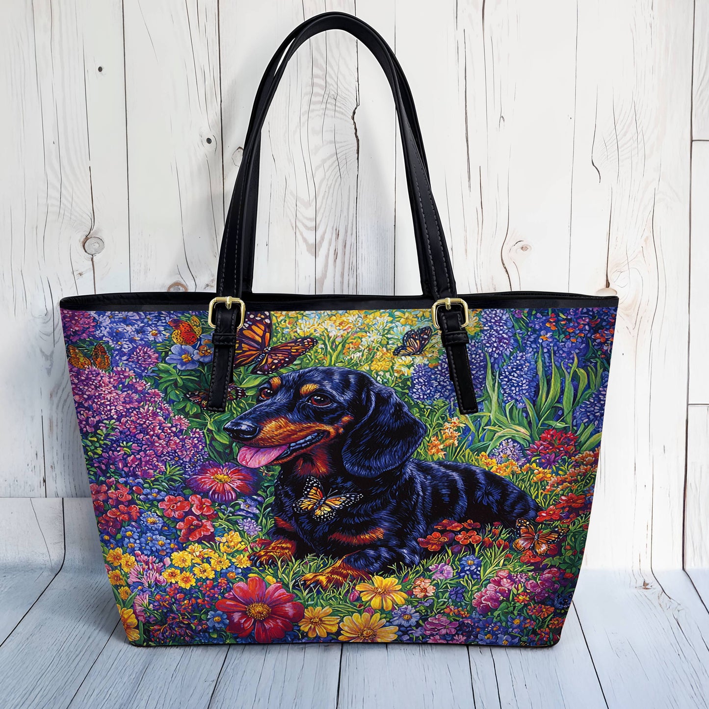 Lorva Leather Tote Bag Garden Dachshund Delight