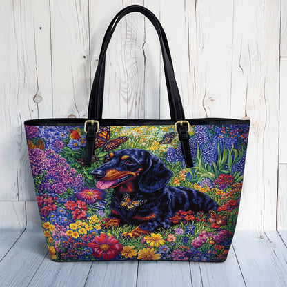 Lorva Leather Tote Bag Garden Dachshund Delight