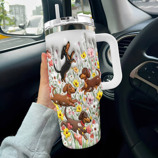 Lorva Tumbler Puffy Happy Dachshunds In Flower Garden