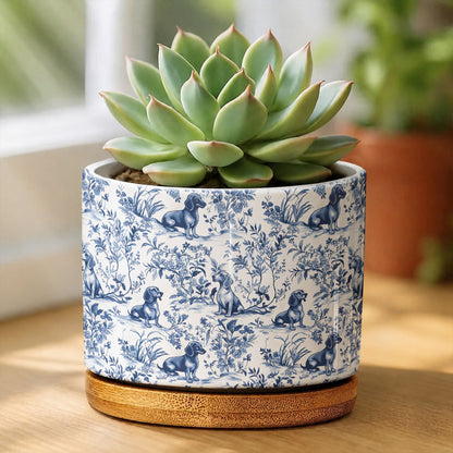 Lorva Dachshund Flat Print Ceramic Plant Pot Blue Floral