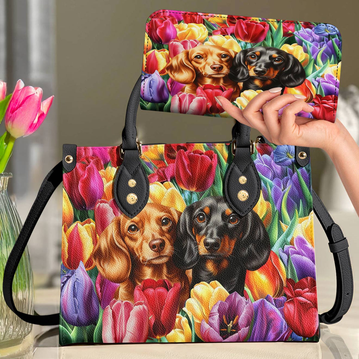 Lorva Dachshund Leather Bag Tulip Garden