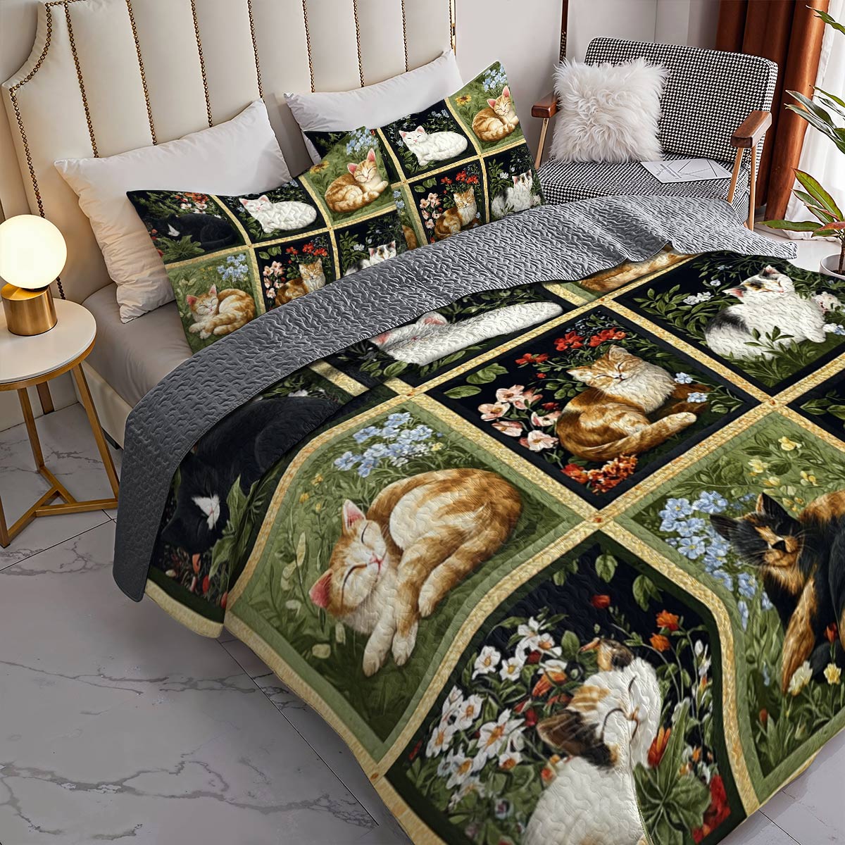 Lorva All Season Quilt 3-Piece Set Natural Sleeping Cats Collection