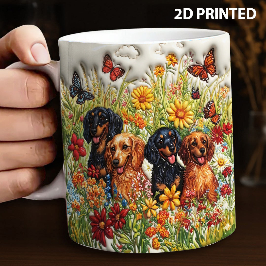 Lorva Flat Print Mug Sunshine Dachshunds In Flowers Garden