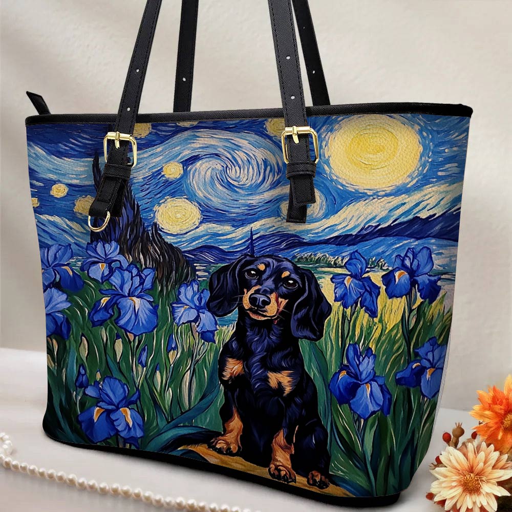 Lorva Leather Tote Bag Irish Starry Night Dachshund Delight