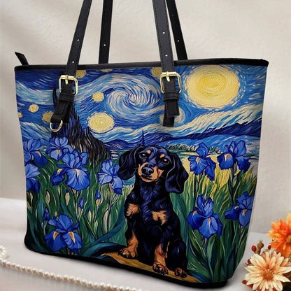 Lorva Leather Tote Bag Irish Starry Night Dachshund Delight