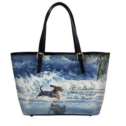 Lorva Dachshund Leather Tote Bag Waves & Wagging Tails