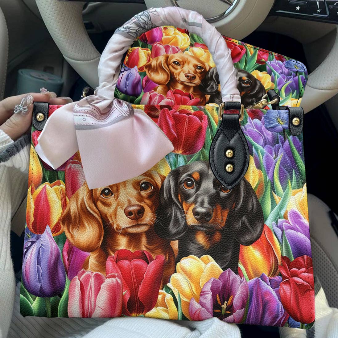 Lorva Dachshund Leather Bag Tulip Garden