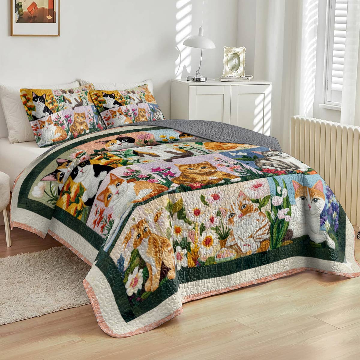 Lorva All Season Quilt 3-Piece Set Whimsical Whiskers In Bloom