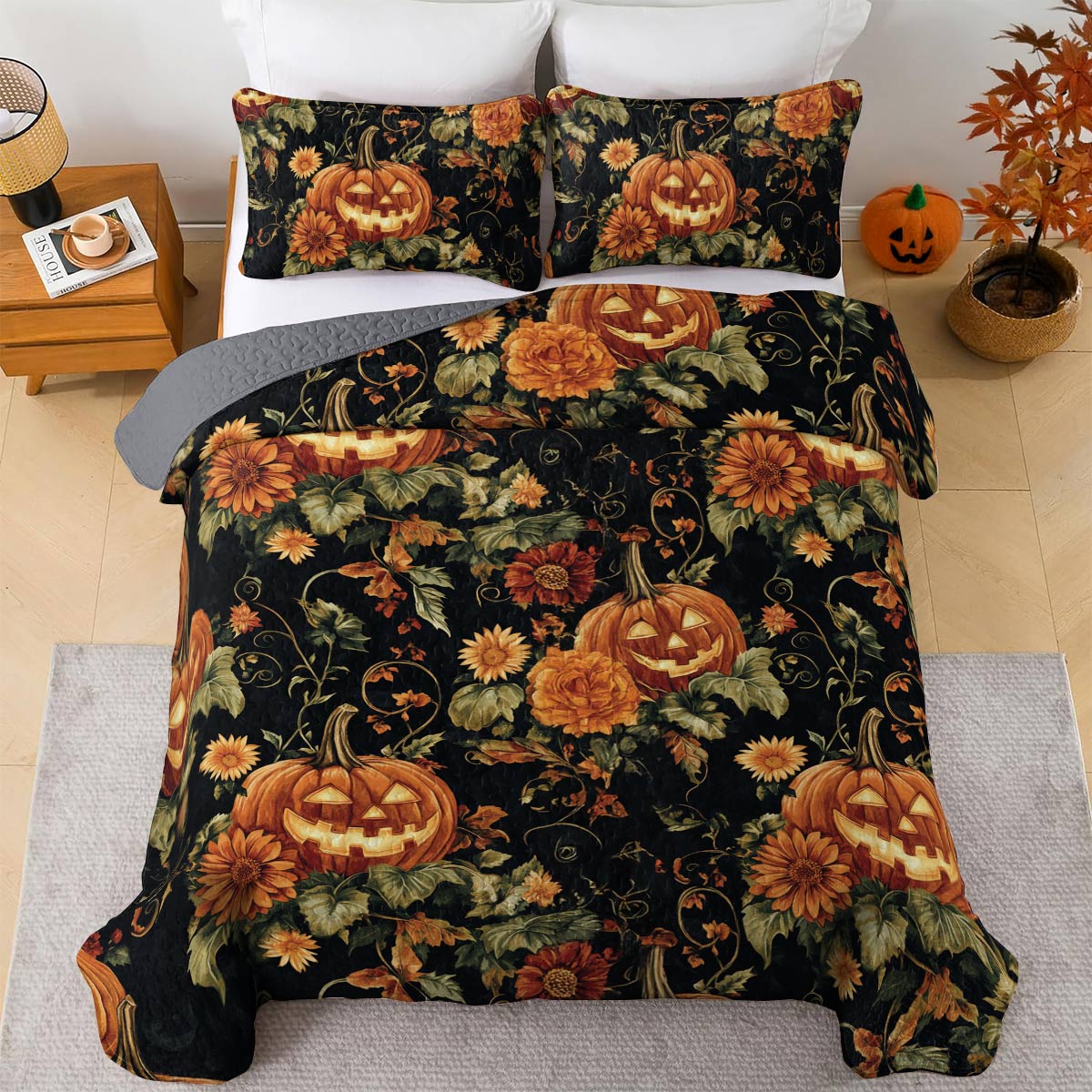 Halloween Lorva All Season Quilt 3-Piece Set Midnight Pumpkin Bloom