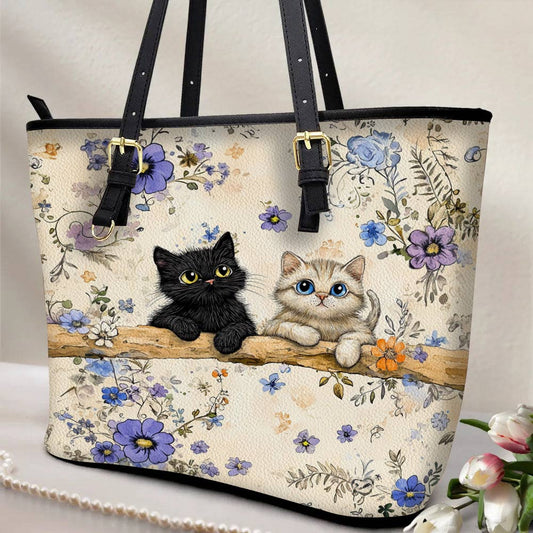 Lorva Leather Tote Bag Cute Blossom Kittens