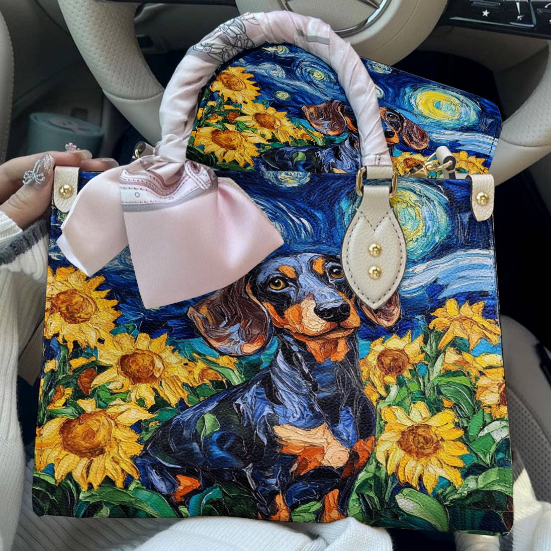 Lorva Leather Bag Sunflowers & Starry Sky Dachshund