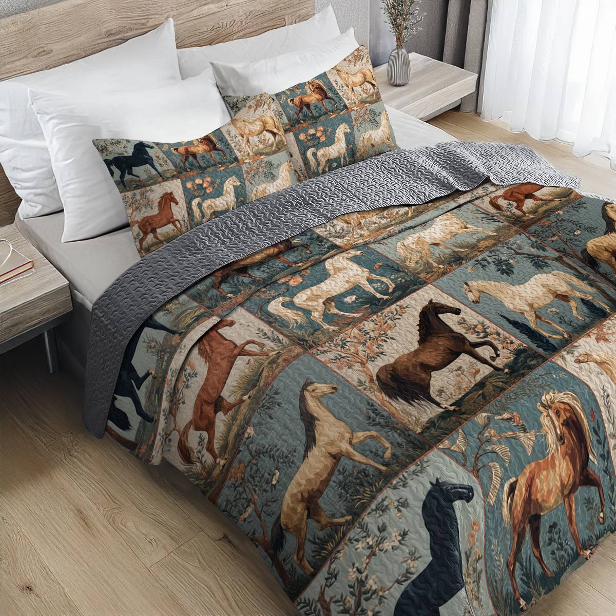 Lorva Horse All Season Quilt 3-Piece Set Horse Love in Wildflower Garden