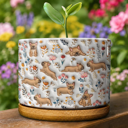 Lorva French Bulldog Flat Print Ceramic Plant Pot Happy Field Flowers